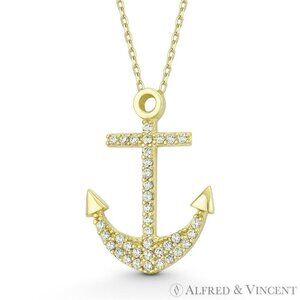 Nautical Anchor Charm CZ Crystal Pendant in .925 Sterling Silver w/ 14k YGold